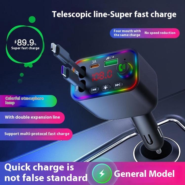 Chargeur de voiture avec câble rétractable intègré à charge rapide L4 , fonction Bluetooth émetteur FM intégré , lumière ambiante colorée