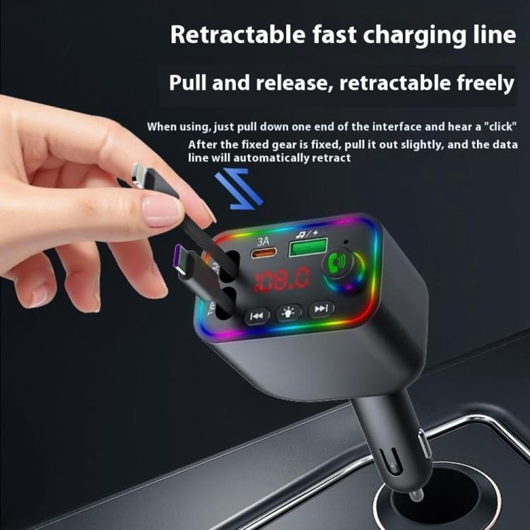 Chargeur de voiture avec câble rétractable intègré à charge rapide L4 , fonction Bluetooth émetteur FM intégré , lumière ambiante colorée
