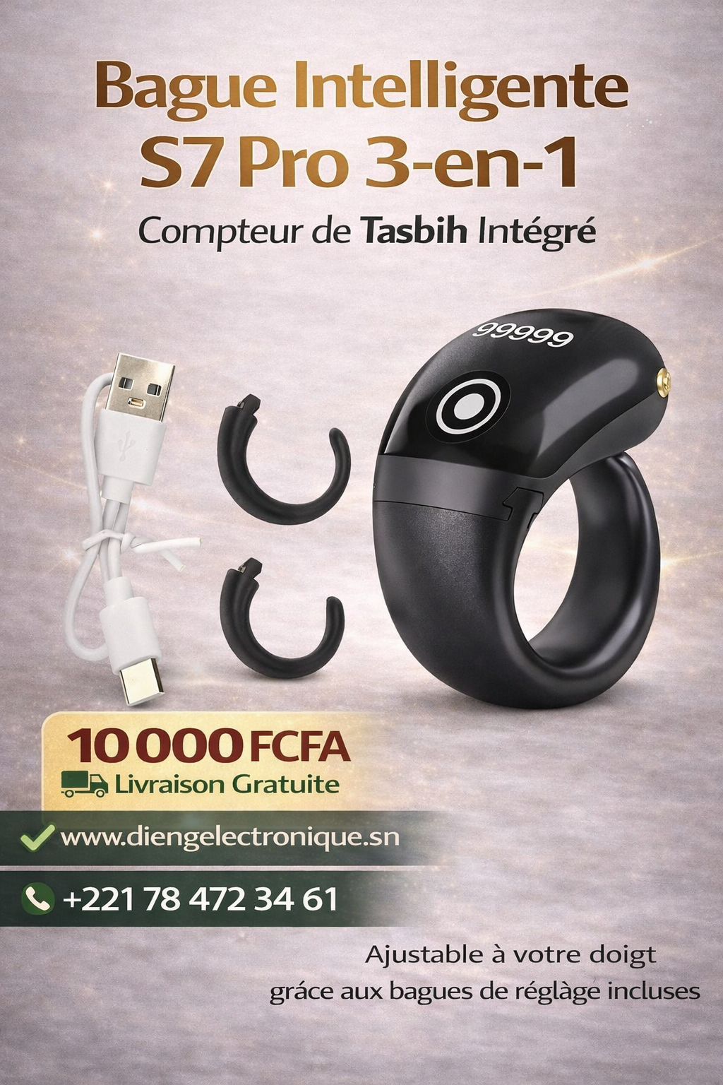 Bague intelligente tasbih 3 en 1 avec anneaux