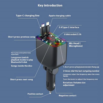 Chargeur de voiture avec câble rétractable intègré à charge rapide L4 , fonction Bluetooth émetteur FM intégré , lumière ambiante colorée